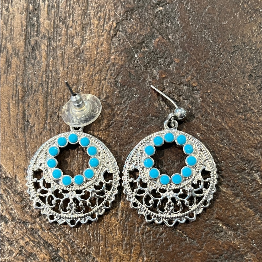 Silver-Tone Filigree Drop Earrings with Bright Turquoise Accents